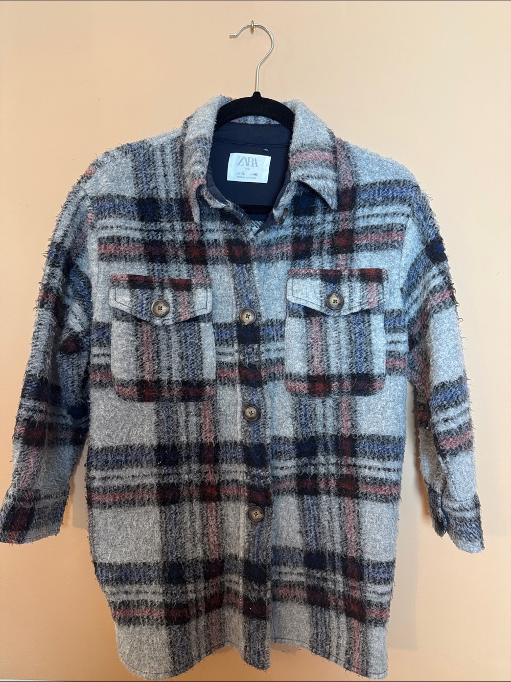 Zara Kids Grey Plaid Button-Up Shacket with Navy & Burgundy Stripes